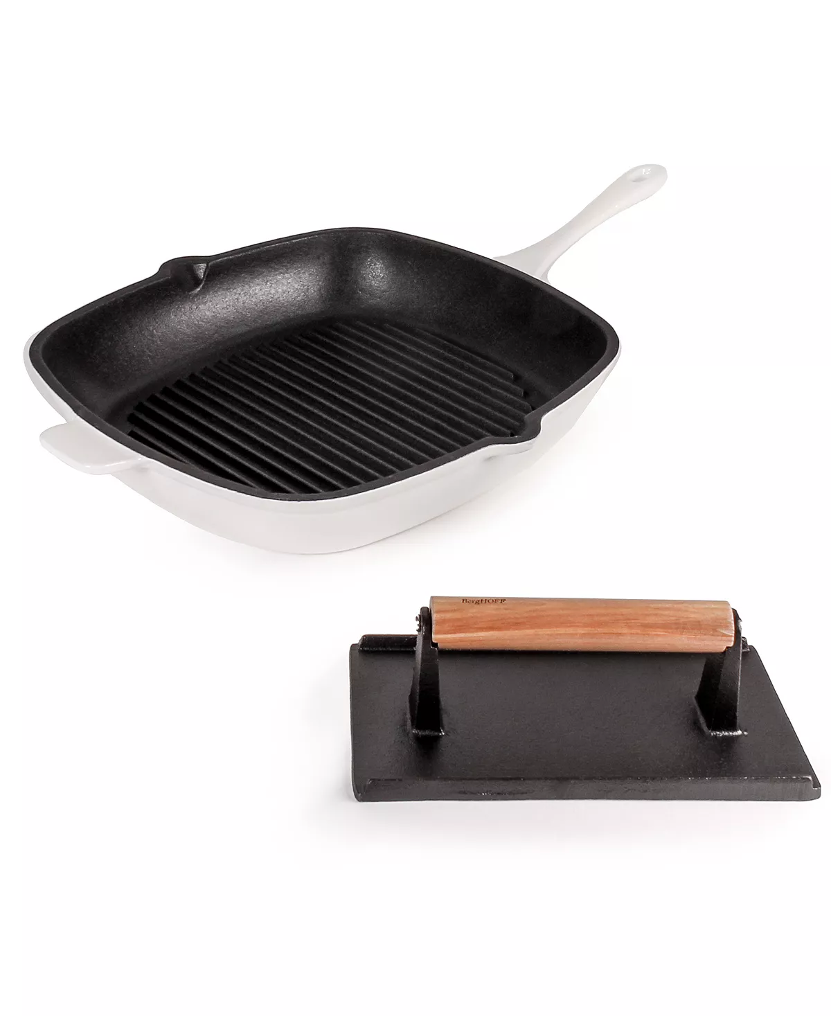 BergHOFF Neo Cast Iron Grill Pan And Bacon, Steak Press, Set Of 2 3 BergHOFF Neo Cast Iron Grill Pan And Bacon, Steak Press, Set Of 2