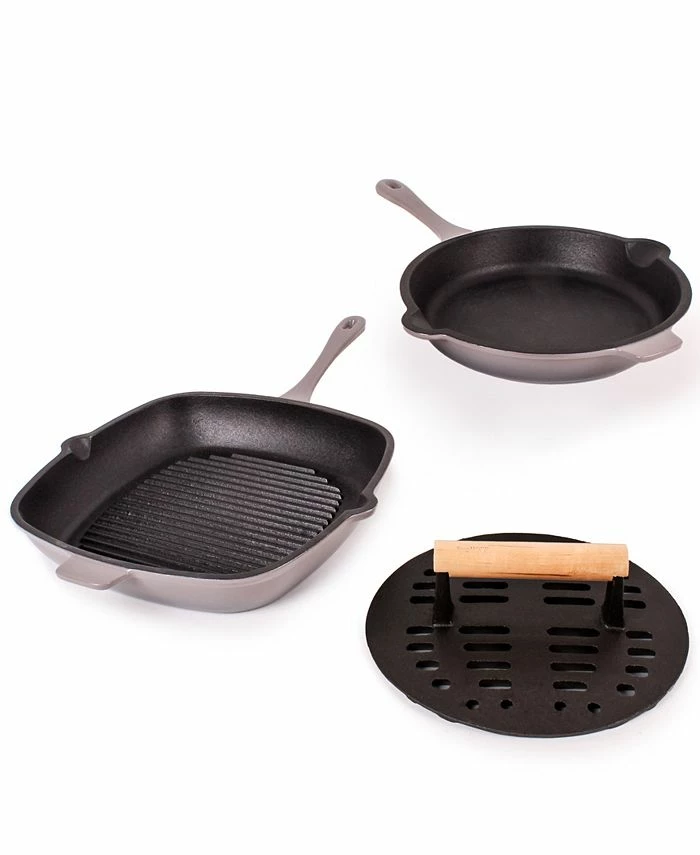 BergHOFF Neo Cast Iron Fry Pan, Grill Pan And Slotted Steak Press, Set Of 3 3 BergHOFF Neo Cast Iron Fry Pan, Grill Pan And Slotted Steak Press, Set Of 3